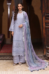 NUREH-3PC LAWN CHIKANKAARI EMBROIDERED SHIRT WITH CHIFFON PRINTED DUPATTA AND TRPUSER-NC-2653