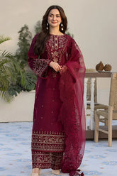 QALAMQAR-3PC LAWN EMBROIDERED SHIRT WITH ORGANZA EMBROIDERED DUPATTA AND EMB TROUSER-NC-2632