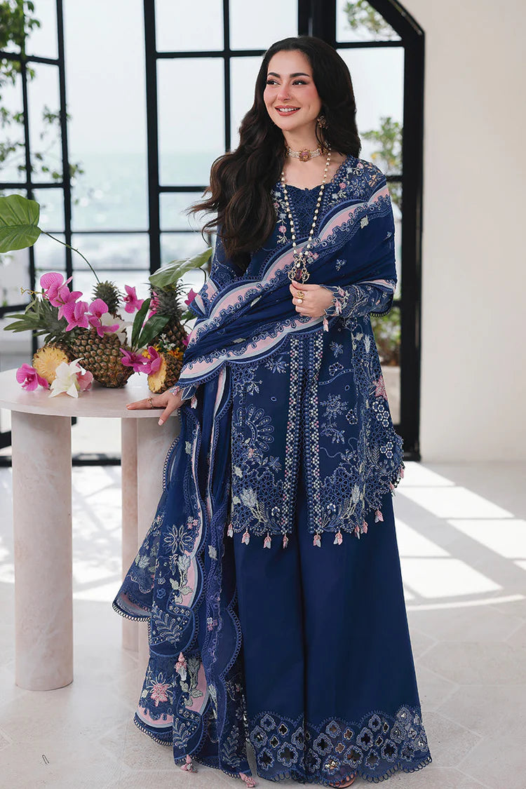 QALAMQAR-3PC LAWN CHIKAN EMBROIDERED SHIRT WITH KHAADI NET EMBROIDERED DUPATTA AND EMB TROUSER-NC- -2659