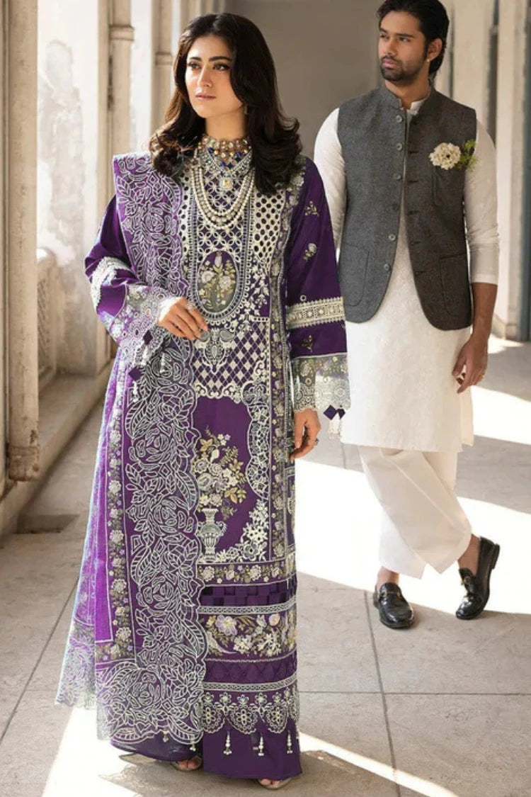 MAHNUR-3PC LAWN EMBROIDERED SHIRT WITH ORGANZA EMBROIDERED DUPATTA AND TROUSER-NC-2609 (PLUM)