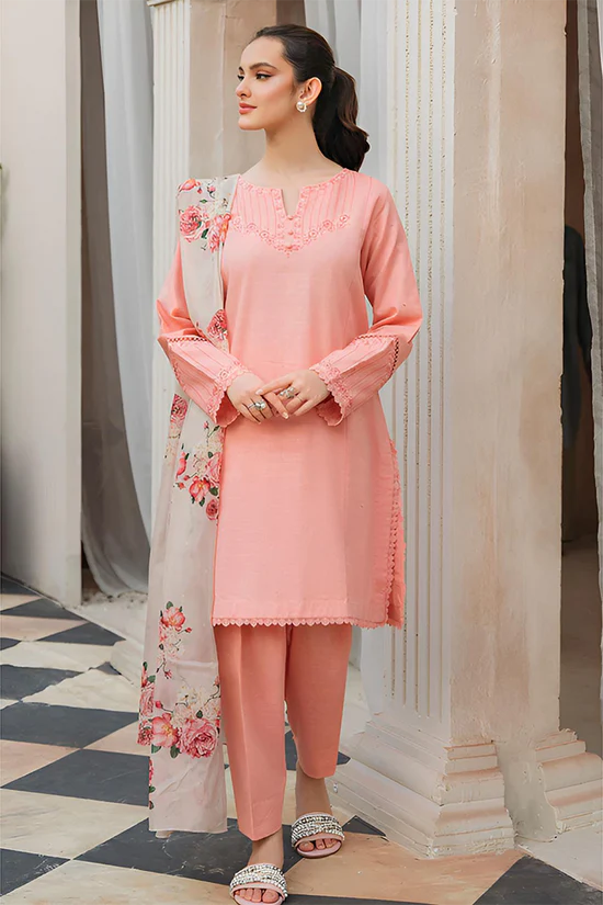 ZIVA-3PC LAWN EMBROIDERED SHIRT WITH CHIFFON PRINTED DUPATTA & TROUSER-NC-2664