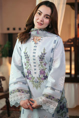 JADE-3PC LAWN EMBROIDERED SHIRT WITH CHIFFON PRINTED DUPATTA AND TROUSER-NC-2627