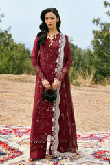QALAMQAR-3PC CHIKANKAARI LAWN LASER WORK EMBROIDERED SHIRT WITH KHADDI NET EMBROIDERED DUPATTA AND TROUSER-NC-2695