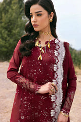 QALAMQAR-3PC CHIKANKAARI LAWN LASER WORK EMBROIDERED SHIRT WITH KHADDI NET EMBROIDERED DUPATTA AND TROUSER-NC-2695