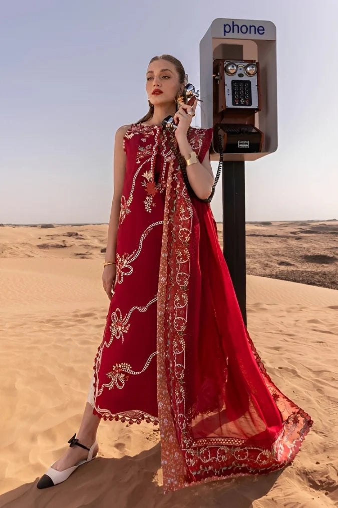 CRIMSON-3PC LAWN CHIKAANKARI EMBROIDERED SHIRT WITH CHIFOON PRINTED EMB DUPATTA AND EMB TROUSER-NC-2623