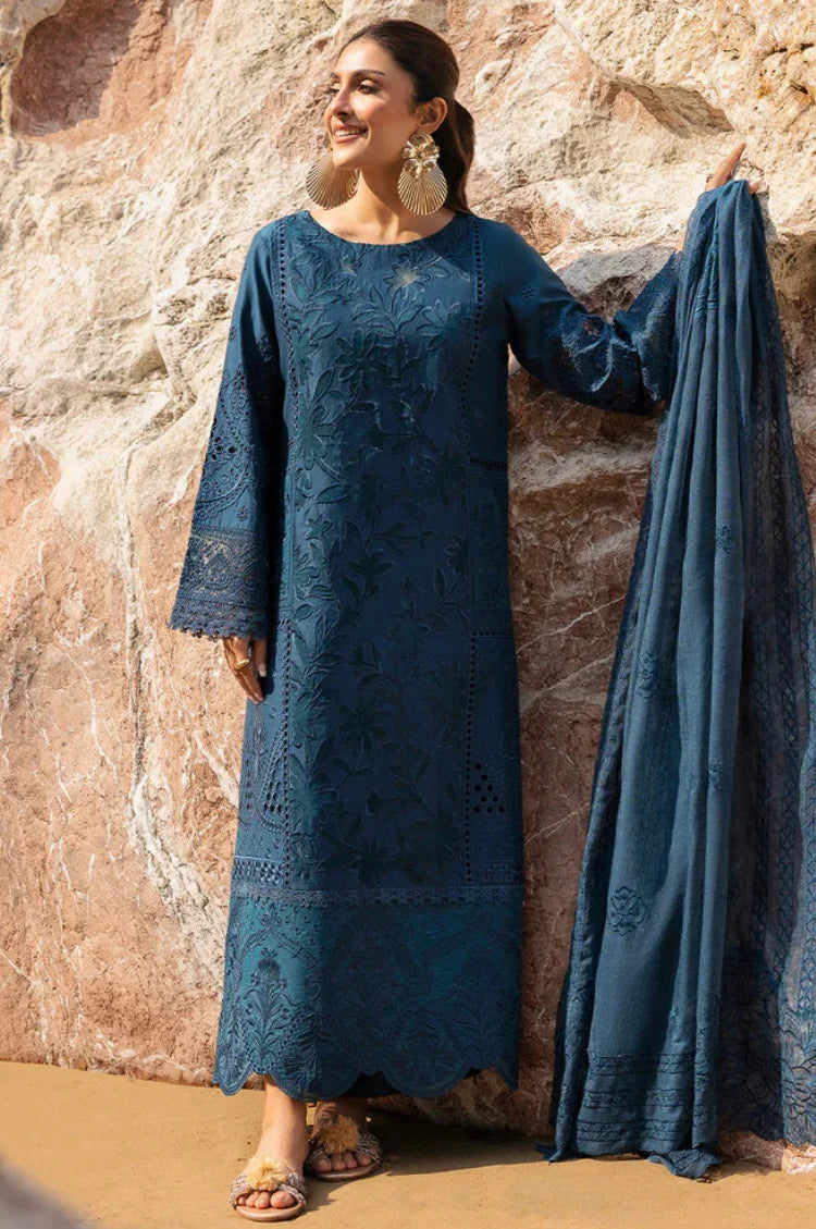 MAHNUR-3PC LAWN LASER WORK EMBROIDERED SHIRT WITH KHAADI NET EMBROIDERED DUPATTA AND TROUSER-NC-2641
