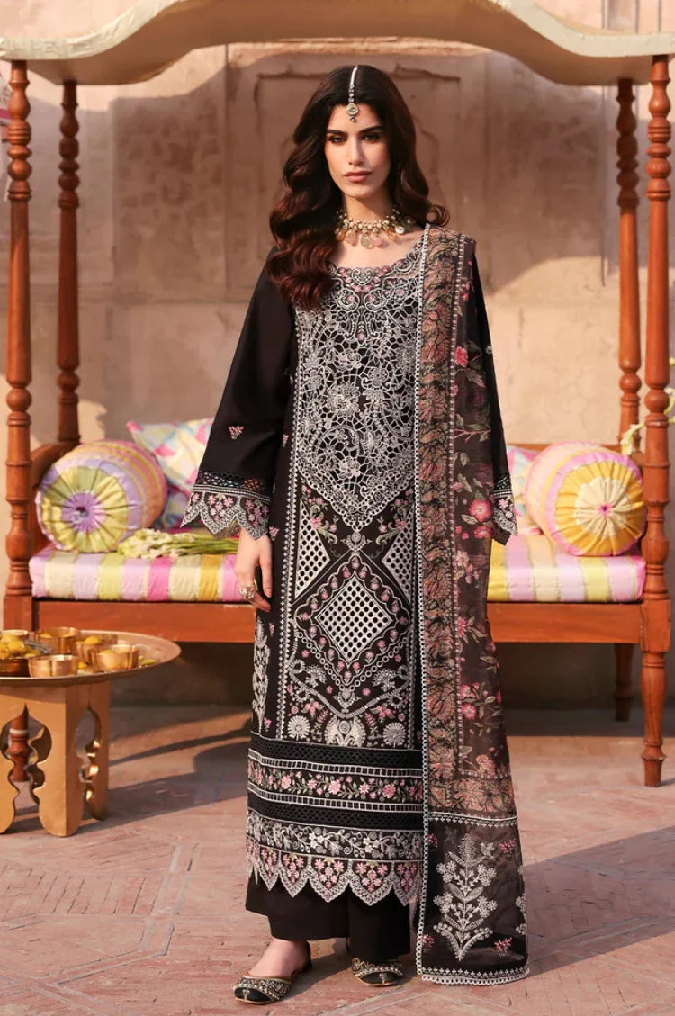 MAHNUR-3PC LAWN LASER WORK EMBROIDERED SHIRT WITH CHIFFON PRINTED EMBROIDERED DUPATTA AND TROUSER-NC-2672