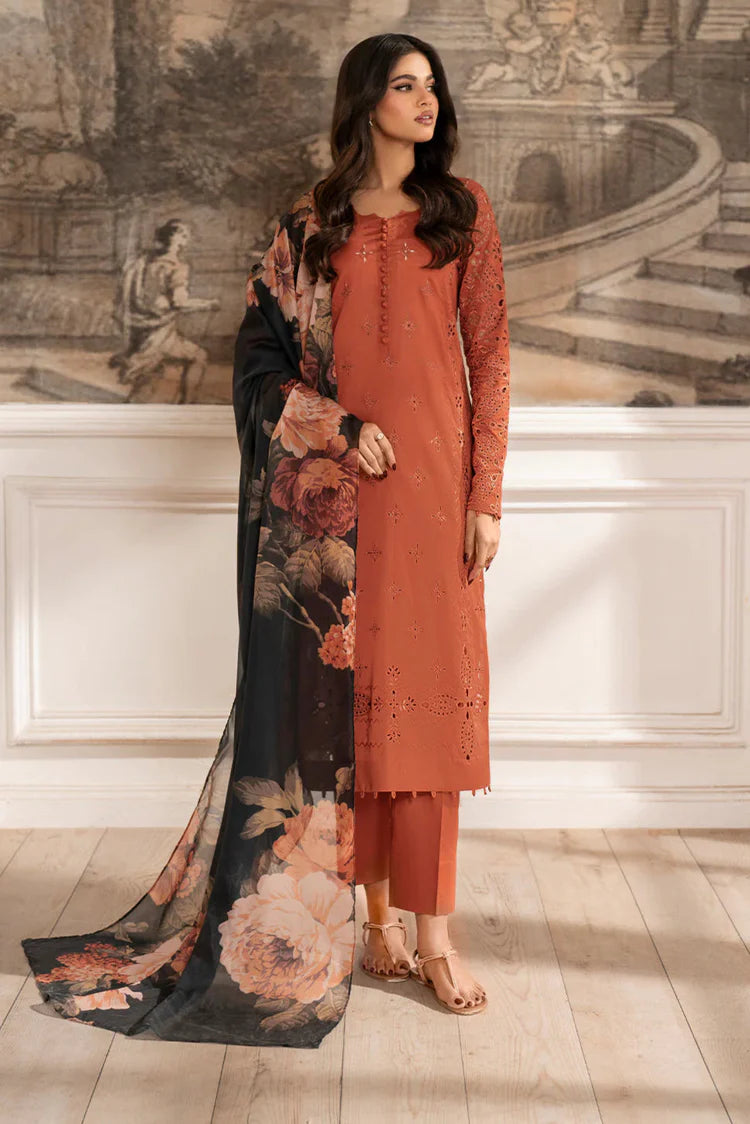 IZNIK-3PC LAWN CHIKAN EMBROIDERED SHIRT WITH CHIFFON PRINTED DUPATTA AND TROUSER -NC-2638