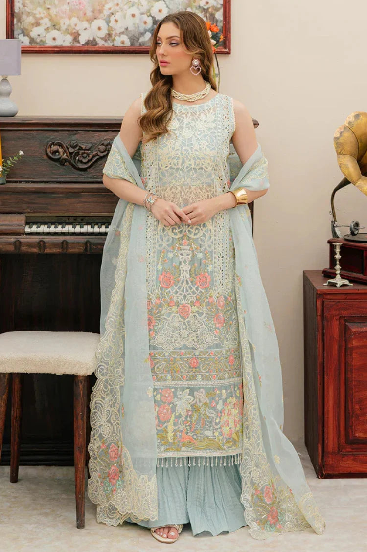 MAHNUR-3PC LAWN CHIKANKAARI EMBROIDERED SHIRT WITH KHAADI NET EMBROIDERED DUPATTA AND TROUSER -NC-2649