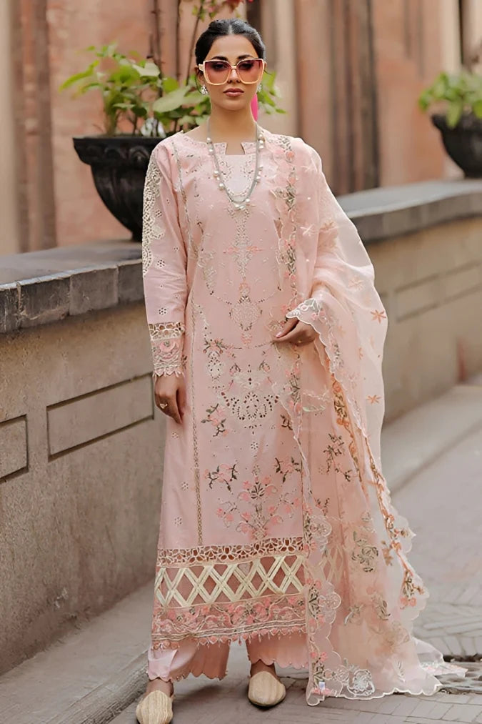 QALAMQAR-3PC LAWN CHIKAN EMBROIDERED SHIRT WITH KHADDI NET EMB DUPATTA AND TROUSER-NC-2618