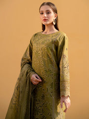 MAHNUR-3PC LAWN LASER WORK EMBROIDERED SHIRT WITH KHAADI NET EMBROIDERED DUPATTA AND TROUSER -NC-2642
