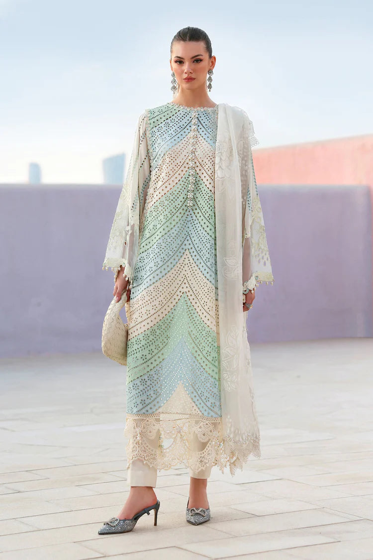 MARIA B-3PC LAWN MULTIPLE SHADES CHIKAN EMBROIDERED SHIRT WITH SELF JACQUARD EMBROIDERED DUPATTA AND EMB TROUSER-NC-2636