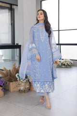 AZURE-3PC ORGANZA EMBROIDERED SHIRT WITH ORGANZA EMBROIDERED DUPATTA AND EMB TROUSER-NC-2649