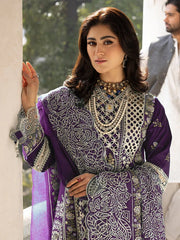MAHNUR-3PC LAWN EMBROIDERED SHIRT WITH ORGANZA EMBROIDERED DUPATTA AND TROUSER-NC-2609 (PLUM)