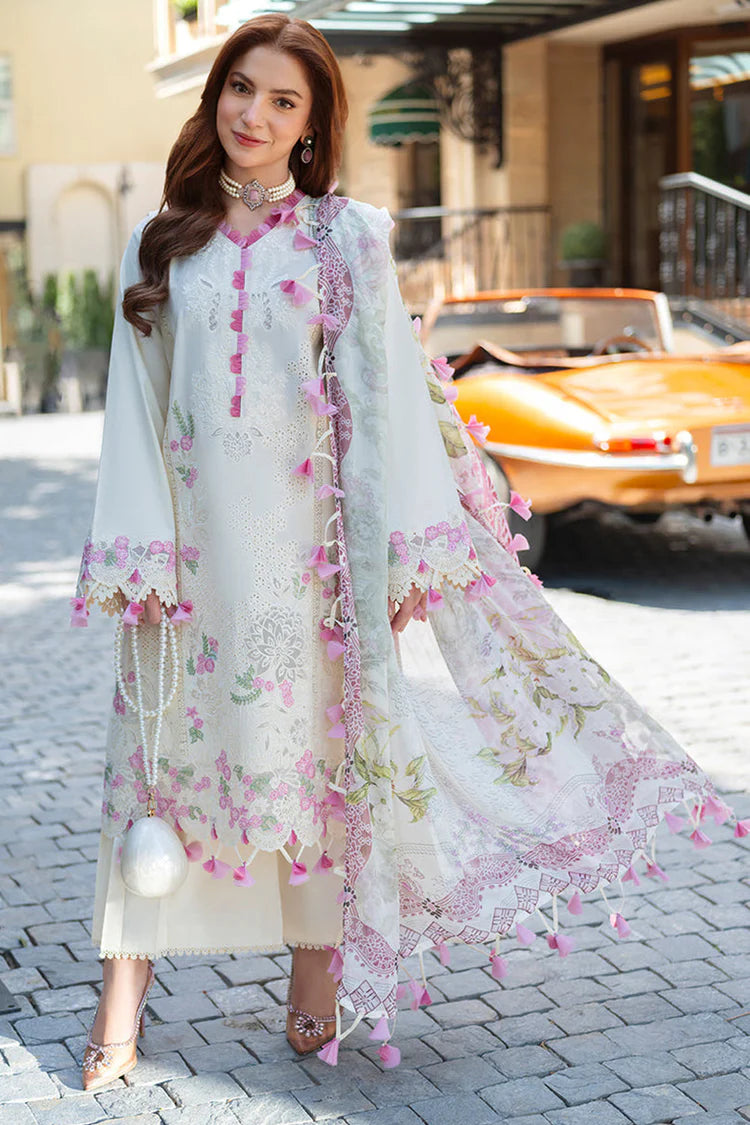 JADE-3PC LAWN CHIKEAANKARI EMBROIDERED SHIRT WITH CHIFOON PRINTED DUPATTA AND TROUSER-NC-2664