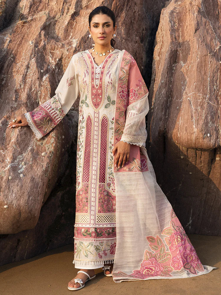 MAHNUR-3PC LAWN CHIKAN HEAVY EMBROIDERED SHIRT WITH KHADDI NET EMBROIDERED DUPATTA AND TROUSER-NC-4734