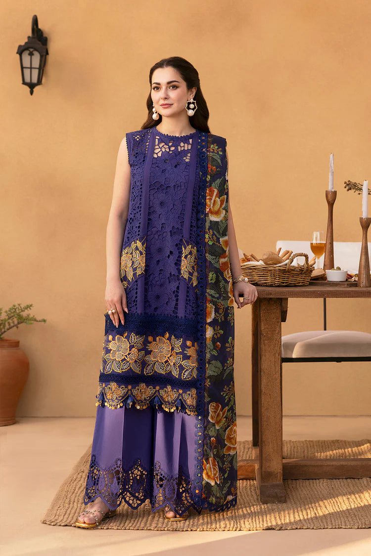 QALAMQAR-3PC LAWN EMBROIDERED SHIRT WITH CHIFFON PRINT DUPATTA AND TROUSER-NC-2693