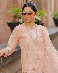QALAMQAR-3PC LAWN CHIKAN EMBROIDERED SHIRT WITH KHADDI NET EMB DUPATTA AND TROUSER-NC-2618
