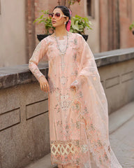 QALAMQAR-3PC LAWN CHIKAN EMBROIDERED SHIRT WITH KHADDI NET EMB DUPATTA AND TROUSER-NC-2618
