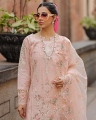 QALAMQAR-3PC LAWN CHIKAN EMBROIDERED SHIRT WITH KHADDI NET EMB DUPATTA AND TROUSER-NC-2618