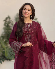 QALAMQAR-3PC LAWN EMBROIDERED SHIRT WITH ORGANZA EMBROIDERED DUPATTA AND EMB TROUSER-NC-2632