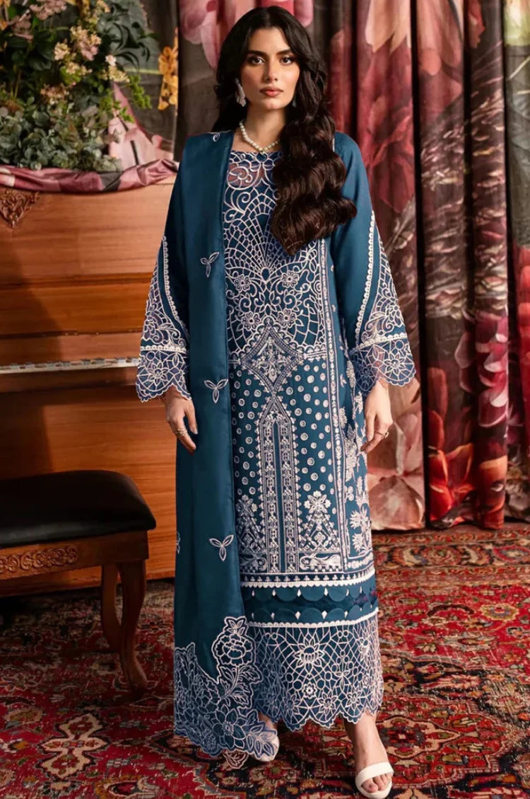 QALAMQAR-3PC CHIKANKAARI LAWN LASER WORK EMBROIDERED SHIRT WITH KHADDI NET EMBROIDERED DUPATTA AND TROUSER-NC-2612