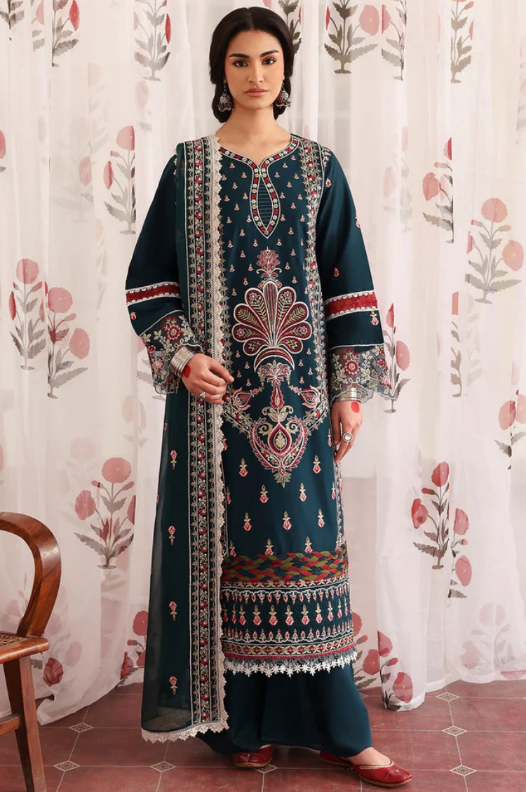 MAHNUR-3PC LAWN LASERWORK EMBROIDERED SHIRT WITH KHAADI NET EMBROIDERED DUPATTA AND TROUSER-NC-2689