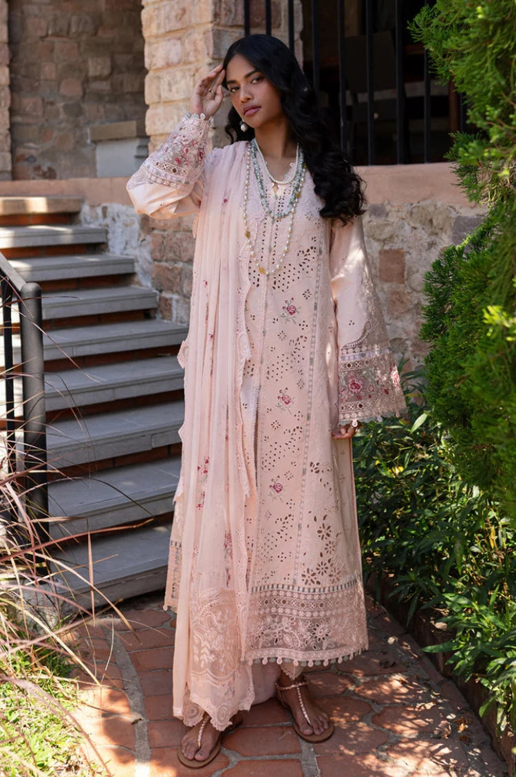 QALAMQAR-3PC LAWN CHIKANKAARI EMBROIDERED SHIRT WITH KHAADI NET EMBROIDERED DUPATTA AND TROUSER-NC-2660