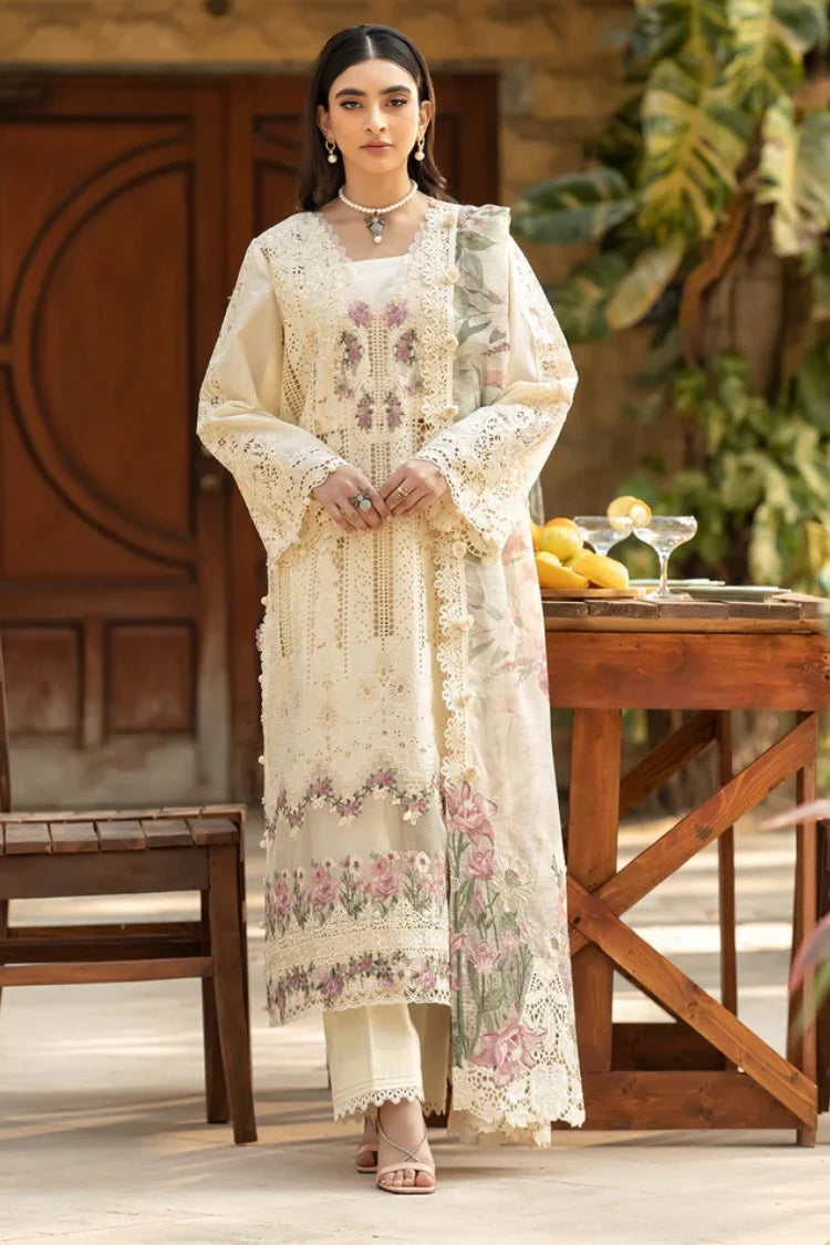 ELAF-3PC LAWN CHIKANKARI EMBROIDERED SHIRT WITH CHIFFON PRINTED DUPATTA AND TROUSER-NC-2671
