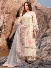 MAHNUR-3PC LAWN LASERCUTWORK EMBROIDERED SHIRT WITH KHAADI NET EMBROIDERED DUPATTA AND TROUSER-NC-2621