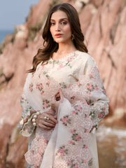 MAHNUR-3PC LAWN LASERCUTWORK EMBROIDERED SHIRT WITH KHAADI NET EMBROIDERED DUPATTA AND TROUSER-NC-2621