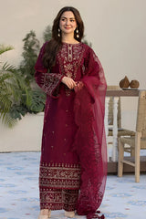 QALAMQAR-3PC LAWN EMBROIDERED SHIRT WITH ORGANZA EMBROIDERED DUPATTA AND EMB TROUSER-NC-2632