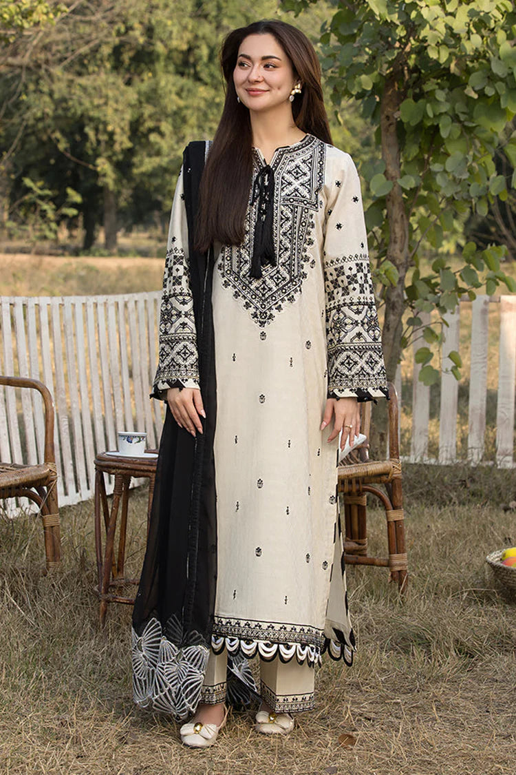 QALAMQAR-3PC LAWN EMBROIDERED SHIRT WITH CHIFFON EMBROIDERED DUPATTA AND EMB TROUSER-NC-2600